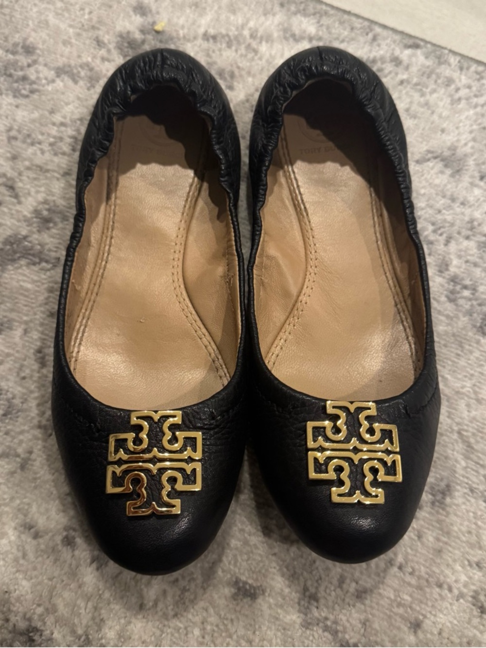 Tory Burch Black Leather Logo Ballet Flats with Gold Emblem
